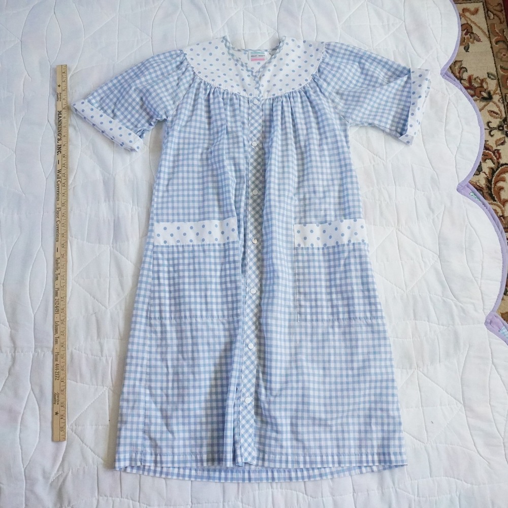 VTG Kelly Reed Blue Gingham Polka Dot Button Front‎ Nightgown M Granny Prairie